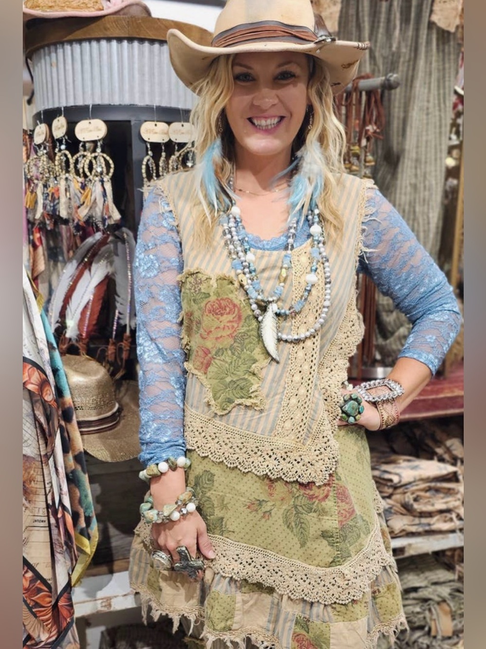 Rare Bird Boho Lace Layered Tunic Top in Light Green and Olive and Tan